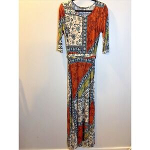 Janette Fashion Patchwork Boho Festival Artsy Belted Scoop Neck Maxi Dress M